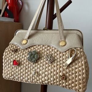 Woven Straw Tote Bag with Cream Leather Trim